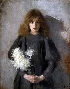 Olga Boznanska Girl with chrysanthemums oil painting